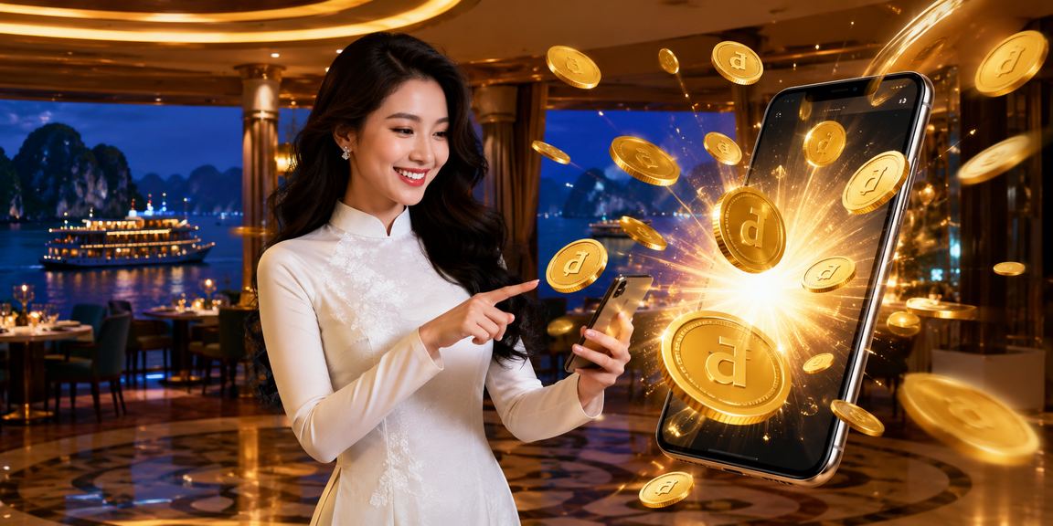 Phụ nữ áo dài tại vịnh Hạ Long kiểm tra tiền hoàn và khuyến mãi trên ứng dụng sd70