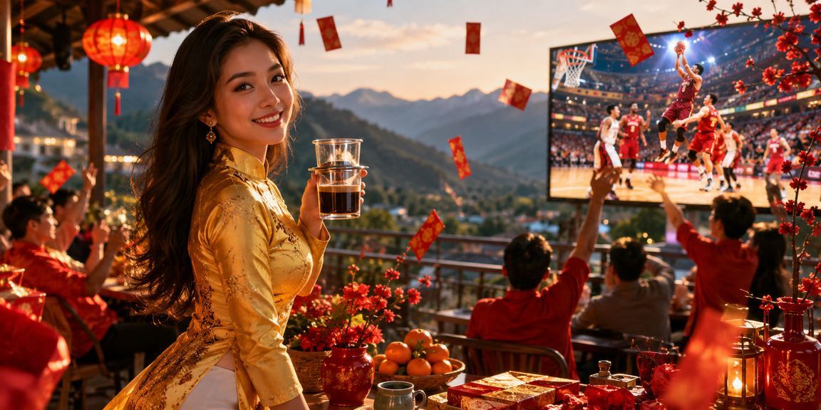 Phụ nữ mặc áo dài tại Sapa theo dõi kết quả cá cược bóng rổ trên điện thoại